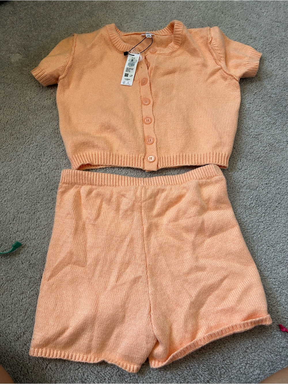 Garage set Peach Knit Button-Up Crop Top & High-Waist Too Shorts Set - Picture 3 of 4
